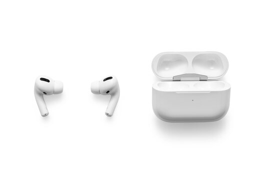 Belgrade, Serbia - January 2021. Apple AirPods Pro on white background, incuding clipping path. Wireless headphones and charging case