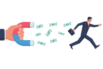 Collector concept. Businessman takes money from the debtor. Big magnet in hand attracts dollars. Vector illustration flat design. Isolated on white background.