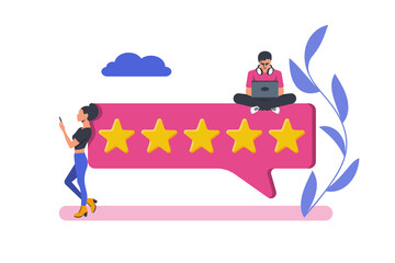 Rating concept. People characters giving five star feedback. Customer review. Reviews stars. Feedback concept. Evaluation system. Positive review. Vector illustration web flat design. Quality work.