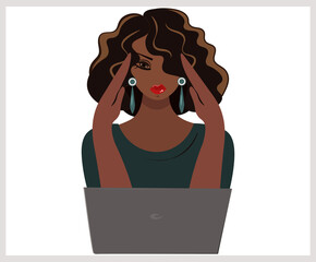 Tired of computer problems African American woman holds her head with her hands. Headache. A young girl presses her hands to her temples. Stress or migraine vector illustration. Flat cartoon style.