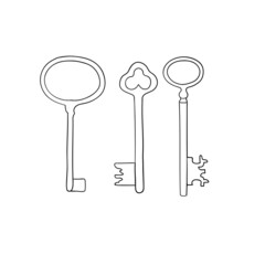 Old house keys set on white background. Keys clipart minimal