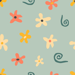 Floral seamless pattern. Abstract flowers and spirals. Vector blue background. Perfect for printing on the fabric, design package and cover