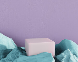 Pink and white geometric shapes with cubic marble podium. Abstract pastel color background. Decorative elements backdrop. 3d rendering. 