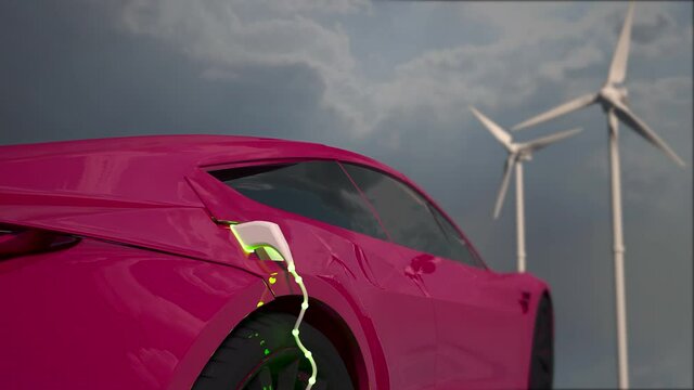 Generic electric pinc car charging with solar panels and wind turbines in background. Green energy concept. Generic car and logo design, logo in shape of plug, no intellectual property infringement