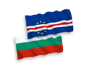 National vector fabric wave flags of Bulgaria and Republic of Cabo Verde isolated on white background. 1 to 2 proportion.