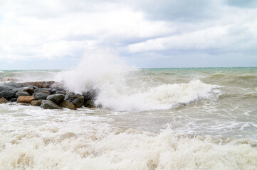 High waves beat against the rocks on the Black Sea