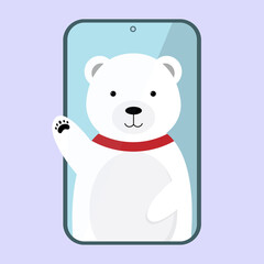 A Cartoon polar bear waving from smartphone