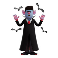 3D Dracula Vampire Cartoon Illustration with bats around