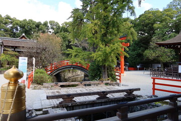 Temples and shrines in Kyoto in Japan 日本の京都にある神社仏閣 : Sori-bashi Bridge and Mitarashi-gawa Stream in the precincts of Shimogamo-jinja shrine 下賀茂神社の境内にある反り橋と御手洗川　