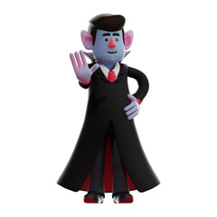 3D Dracula Vampire Cartoon speaking making a STOP SIGN with hand