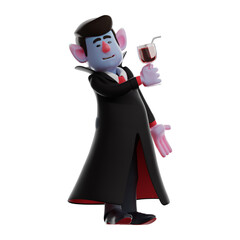 Dracula Vampire 3D Cartoon Illustration with a glass of wine