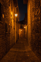 Night view of narrow cobbled street in medieval village Anso.Aragon Pyrenees mountains, Anso is one of the most beautiful villages in Spain.