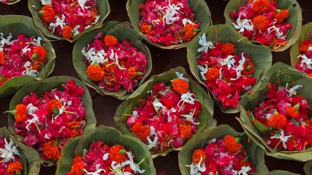 Flowers for Ganga Aarti ceremony in Haridwar, India.