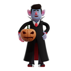 A Cool Dracula Vampire 3D Cartoon Picture holding a Halloween Pumpkin