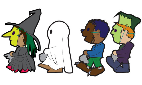 Halloween trick-or-treaters with witch, ghost, werewolf, and monster