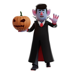 3D Dracula Vampire Cartoon Illustration having a Halloween pumpkin decoration