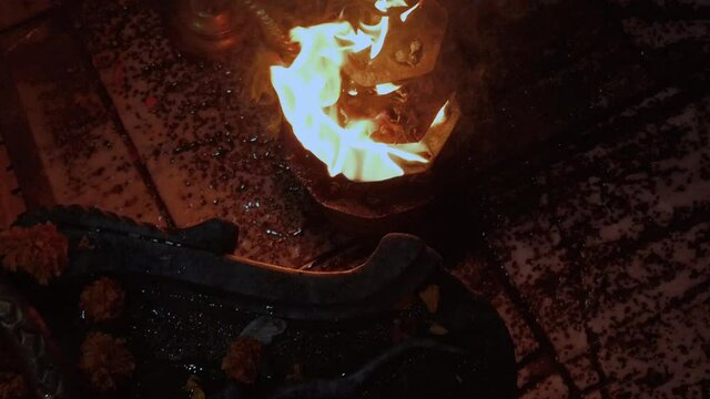 Candles at the religious Ganga Aarti ritual in Haridwar, India.