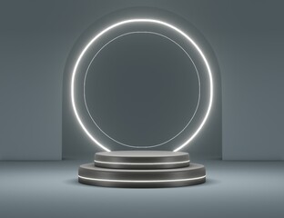 black neon light with podium scene for flyer, display products, and cosmetic advertising . 3d illustration rendering	
