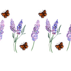 Lavender in a seamless watercolor pattern on a white background