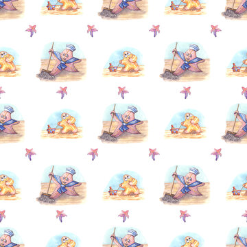Marine pattern with sailors, starfish, characters, in cartoon style, painted in watercolor