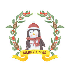 watercolor cute penguin with christmas decoration