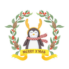 Watercolor cute penguin with christmas decoration