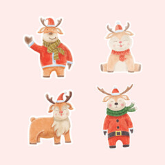 Watercolor deer merry christmas sticker clip art