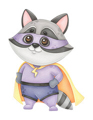 Raccoon super hero, childrens watercolor illustration, printable