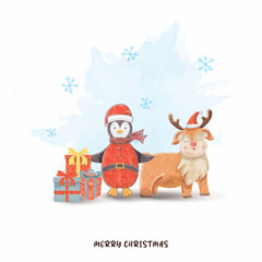 watercolor cute penguin and cute deer with gifts merry christmas