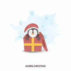 Watercolor cute penguin in the gift merry christmas