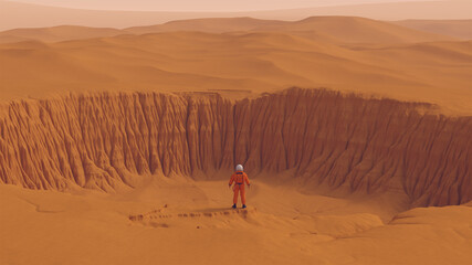 Orange Lonely Astronaut Desert Crater Sand Dunes Landscape 3d illustration render - obrazy, fototapety, plakaty