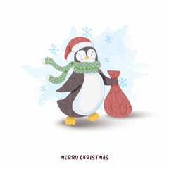 watercolor cute penguin with gifts merry christmas