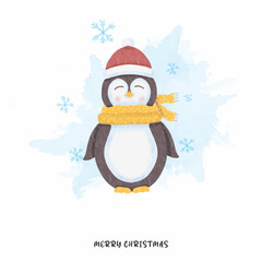 Obraz premium Watercolor cute penguin and merry christmas
