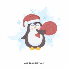 watercolor cute penguin with bring gifts