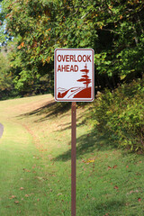 Sign telling of an overlook ahead on the Blue Ridge Parkway.