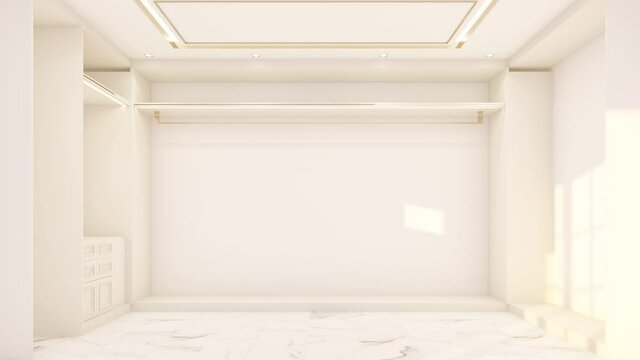 building up interior classic style of walk in closet white marble floor tile and gray stool fabric with decorate ceiling on feature walls 3d render stop motion