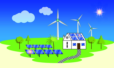 Green energy, solar panels and wind turbines - sustainable resources concept, sustainable energy development, environmental and ecology concept. Vector illustration.