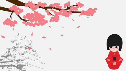 Vector background with a sakura tree, Himeji castle, kokeshi doll, and copy space. Suitable for Japan Culture Day, or any other celebration day with that theme