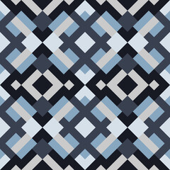 Abstract seamless pattern. Mosaic texture for textile, clown, carpeting, warp, book cover, clothes. Vector geometric background of triangles in bleck, blue and gray colors