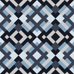Abstract seamless pattern. Mosaic texture for textile, clown, carpeting, warp, book cover, clothes. Vector geometric background of triangles in bleck, blue and gray colors