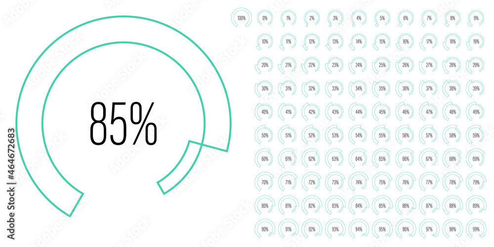 Poster set of circular sector arc percentage diagrams meters from 0 to 100 ready-to-use for web design, use