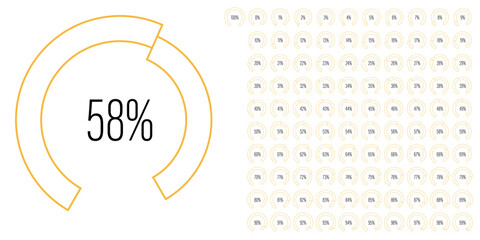 Set of circular sector arc percentage diagrams meters from 0 to 100 ready-to-use for web design, user interface UI or infographic - indicator with yellow