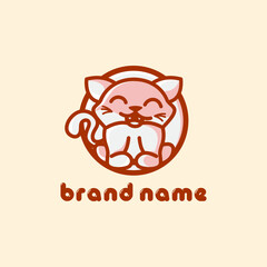 Round Shaped, MInimalist, Fun, Modern, Cartoon Cute Cat Sitting Mascot Logo Brand Identity Vector Illustration