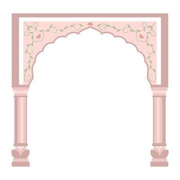 Fabulous oriental, Indian or Arabic arch with mosaic. Entrance to the Indian Palace. Elements of Middle Eastern architecture. Ancient gates. Flat vector illustration.