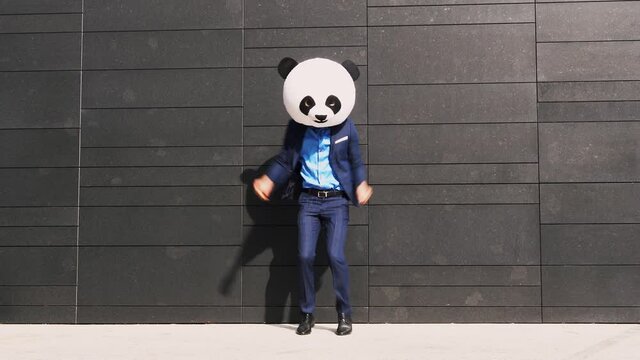 Storytelling video of a businessman wearing a giant panda mask. 