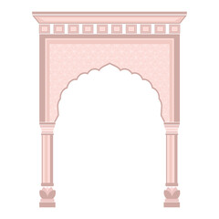 Fabulous oriental, Indian or Arabic arch with mosaic. Entrance to the Indian Palace. Elements of Middle Eastern architecture. Ancient gates. Flat vector illustration.