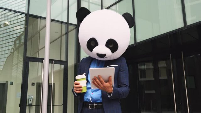 Storytelling video of a businessman wearing a giant panda mask. 