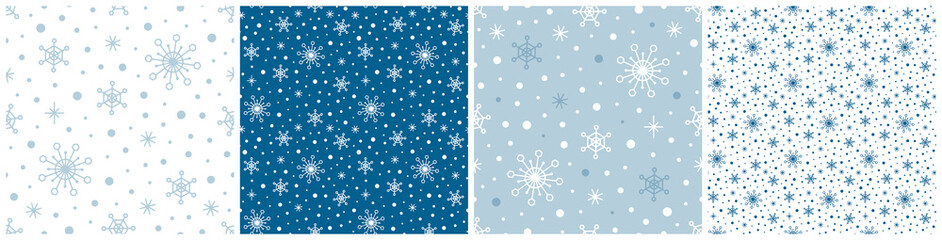 Snowflakes Seamless Pattern Set for Christmas, Winter season design. Blue White Snowfall. Collection of cute vector background for print, textile, greeting card, invitation, wrapping, gift paper, web