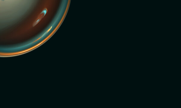 3d part of glossy fluid ball in red orange turquoise hues on dark background. Empty dark space, infinity of time. Conceptual digital illustration. Great as cover, blank or template for design.