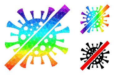 lowpoly remove covid virus icon with spectral vibrant. Rainbow colored polygonal remove covid virus vector designed with randomized vibrant triangles.